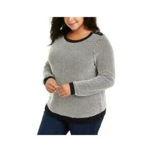 Charter Club Sweater Women's 2X Black White Metallic Button Shoulder Knit Plus
